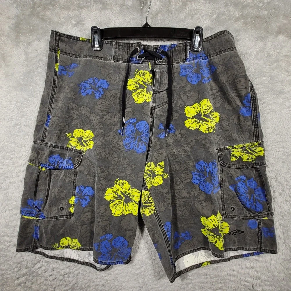 Palmwave Board Shorts Mens 38 Gray Floral Cargo Pockets‎ Swim Trunks